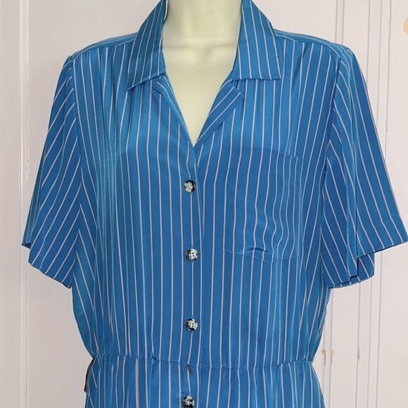 Vtg 80s Liz Claiborne Turquoise with Red & White Pinstripes Short Sleeve Dress - Picture 3 of 9